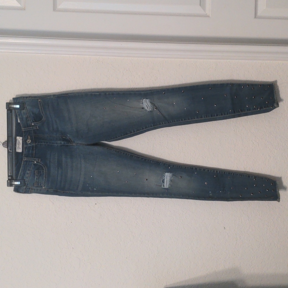 Jessica Simpson Distressed Raw Hem Curvy High Rise Skinny Studded Jeans Sz 27